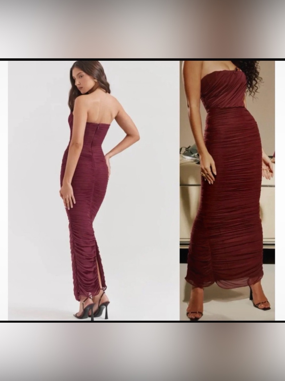 privy Strapless Ruched Burgundy Midi Dress